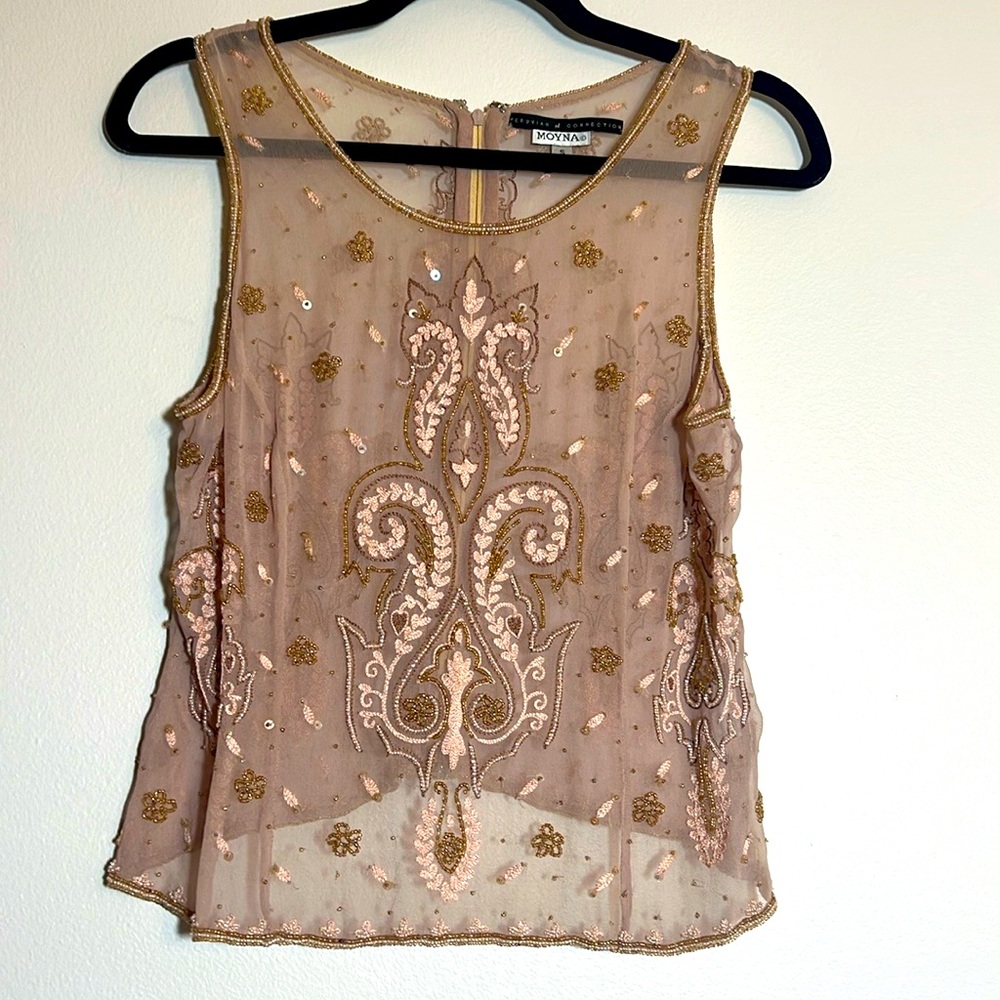 Peruvian Collection Moyna Silk Beaded Sleeveless Tank Top Blouse Small